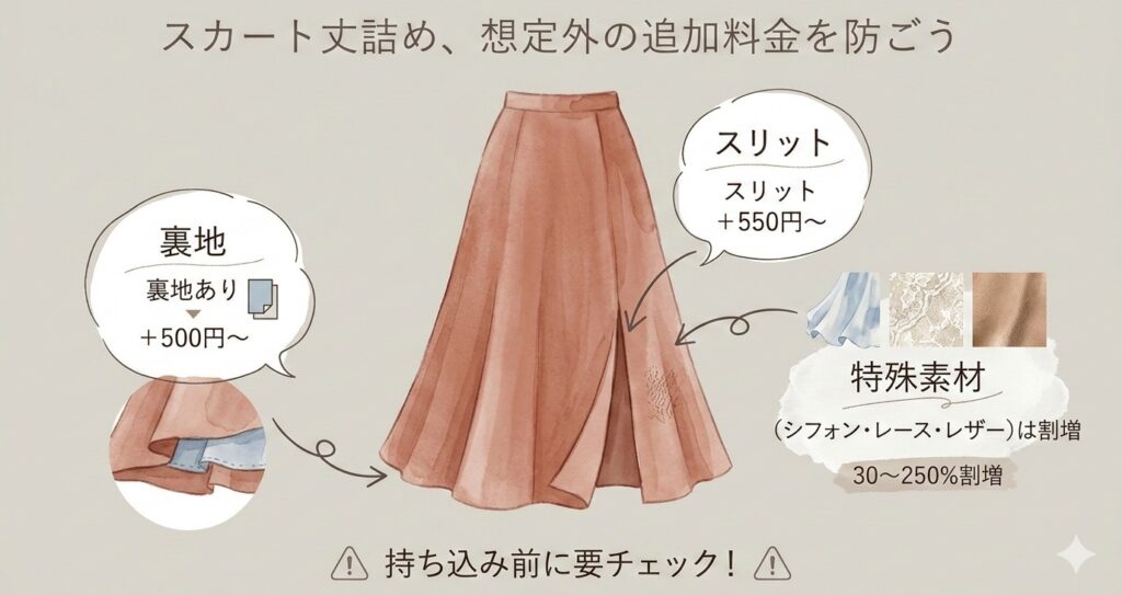 スカートの丈詰めで追加料金がかかるケース