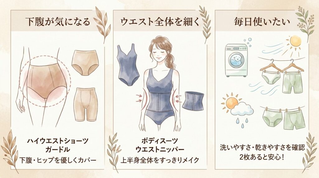 悩みの場所で選ぶ、お腹引き締めインナーの選び方