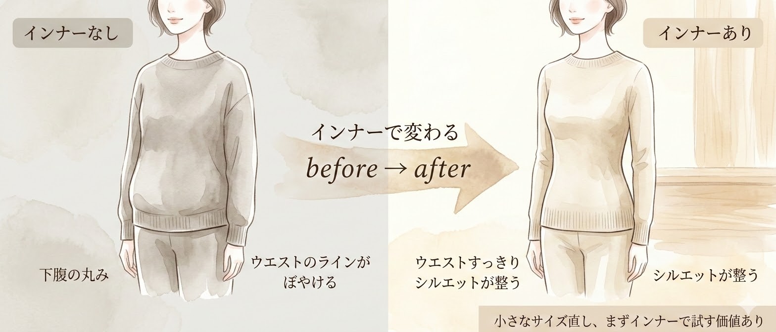 補正インナーを着けると、服のシルエットが変わります