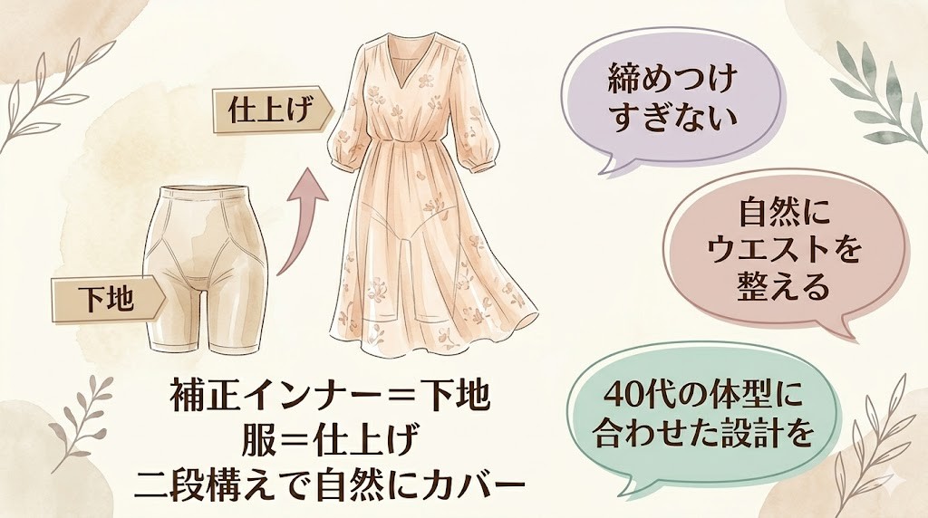 40代のお腹ぽっこりは補正インナーと服の二段構えで隠す