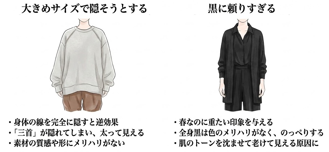 40代の春コーデ 着痩せテクニック NGコーデ