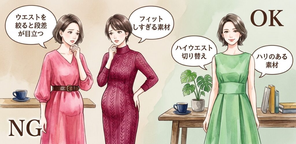 50代のお腹ぽっこりを隠すワンピース