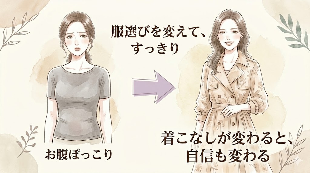 お腹ぽっこりの体型カバー服