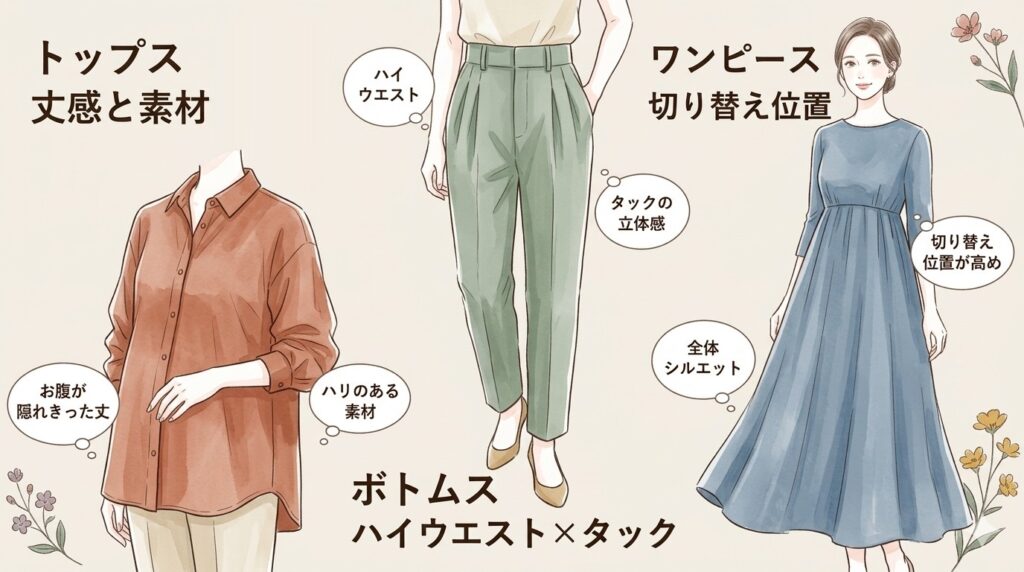 ウエストを隠す40代コーデ、アイテム別の選び方