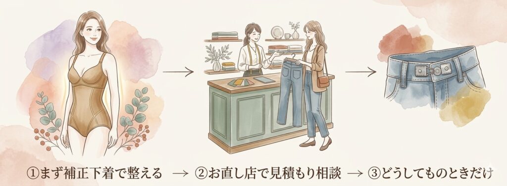 デニムのウエストがきついとき、まず何をすればいい？