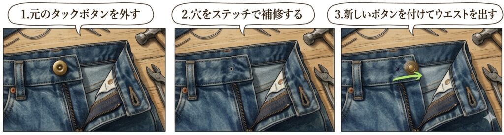 デニムのウエスト出し、タックボタンをずらす方法