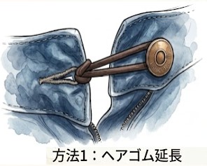 デニムのウエスト出し、ヘアゴム延長