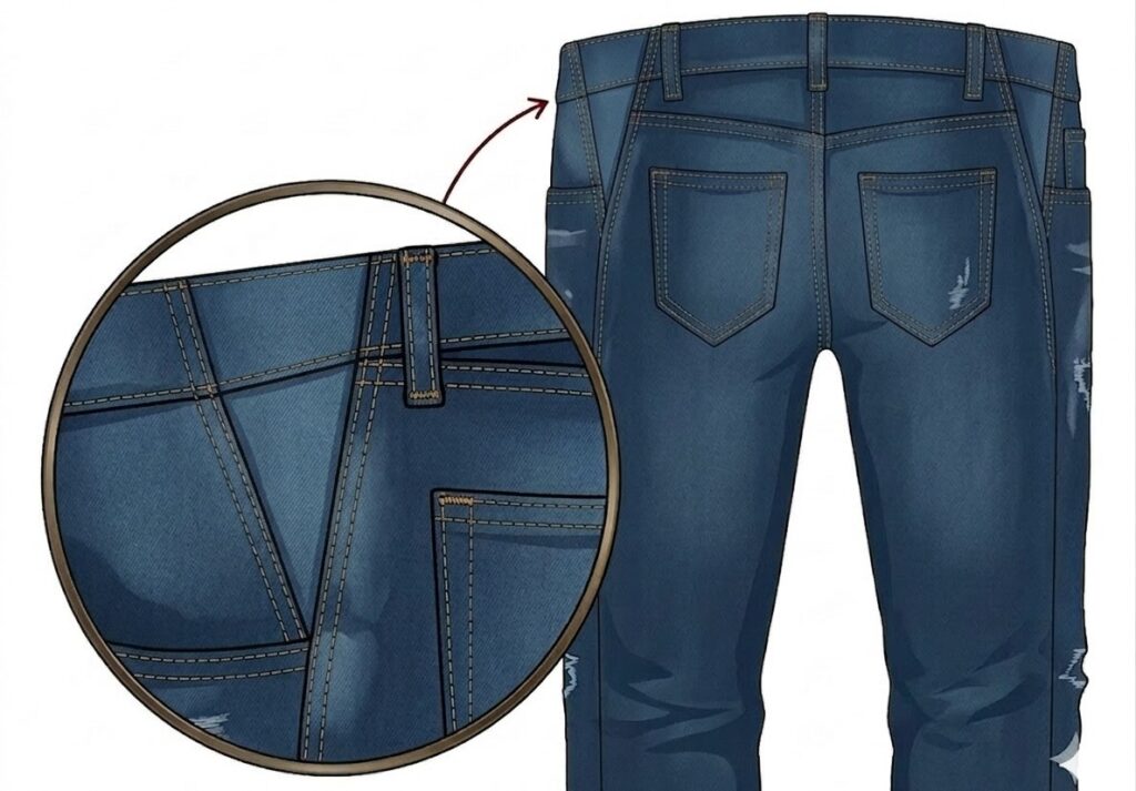 デニムのウエスト出し、マチ入れ