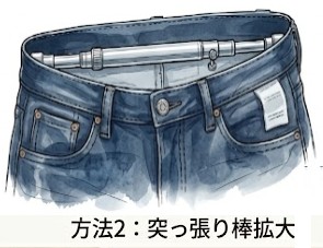 デニムのウエスト出し、突っ張り棒