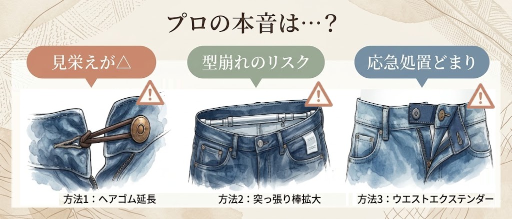 ネットで見かけるデニムのウエスト対処法、プロの本音は？