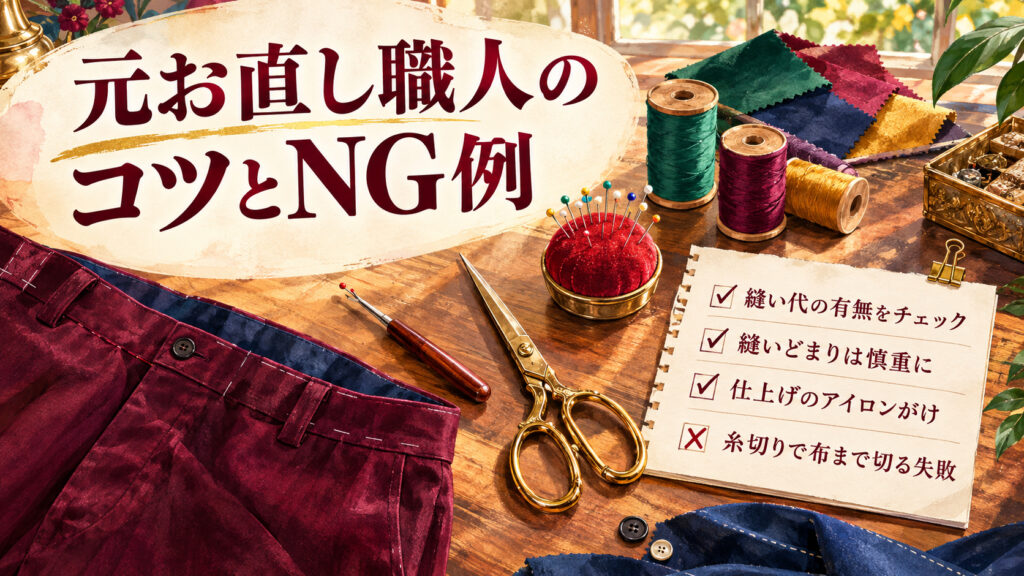自分でウエストを広げるときのコツとNG例の裁縫道具フラットレイ